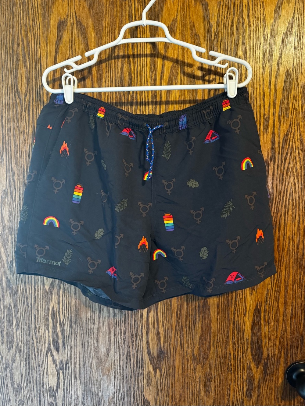 Marmot Black Women's Athletic Shorts with Rainbow Camp Motifs